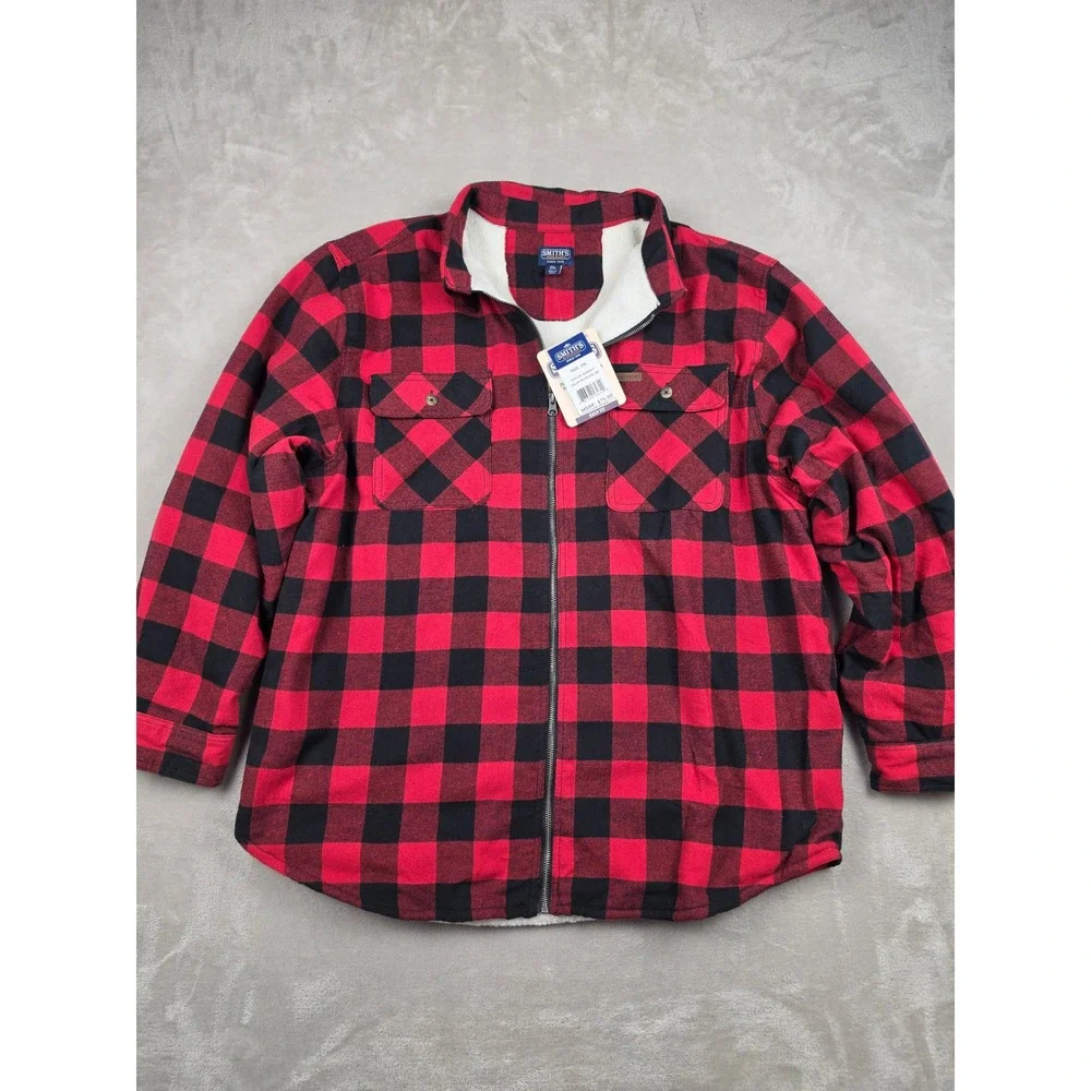 Smith's Workwear Shirt Jacket Mens 2XL Red Buffalo Plaid Sherpa Lined Full Zip